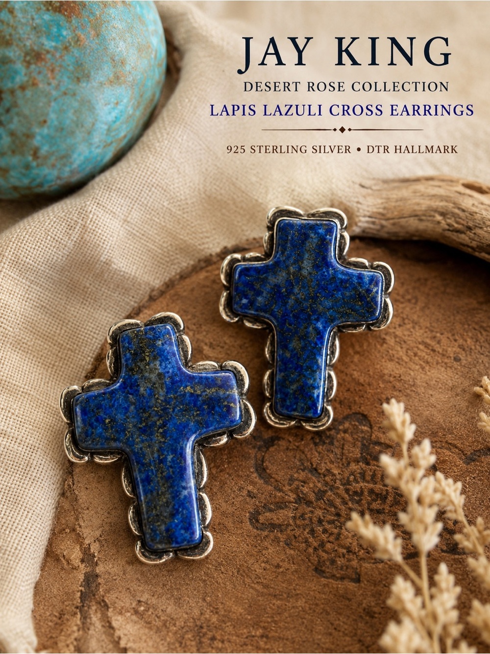 Jay King Desert Rose Lapis Lazuli Cross Earrings Sterling Silver DTR Vintage